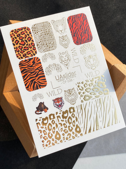 Nail Water Decal CF-038 | Animal Print Water Slide Nail Decals | Leopard, Tiger & Wild Patterns with Gold Foil
