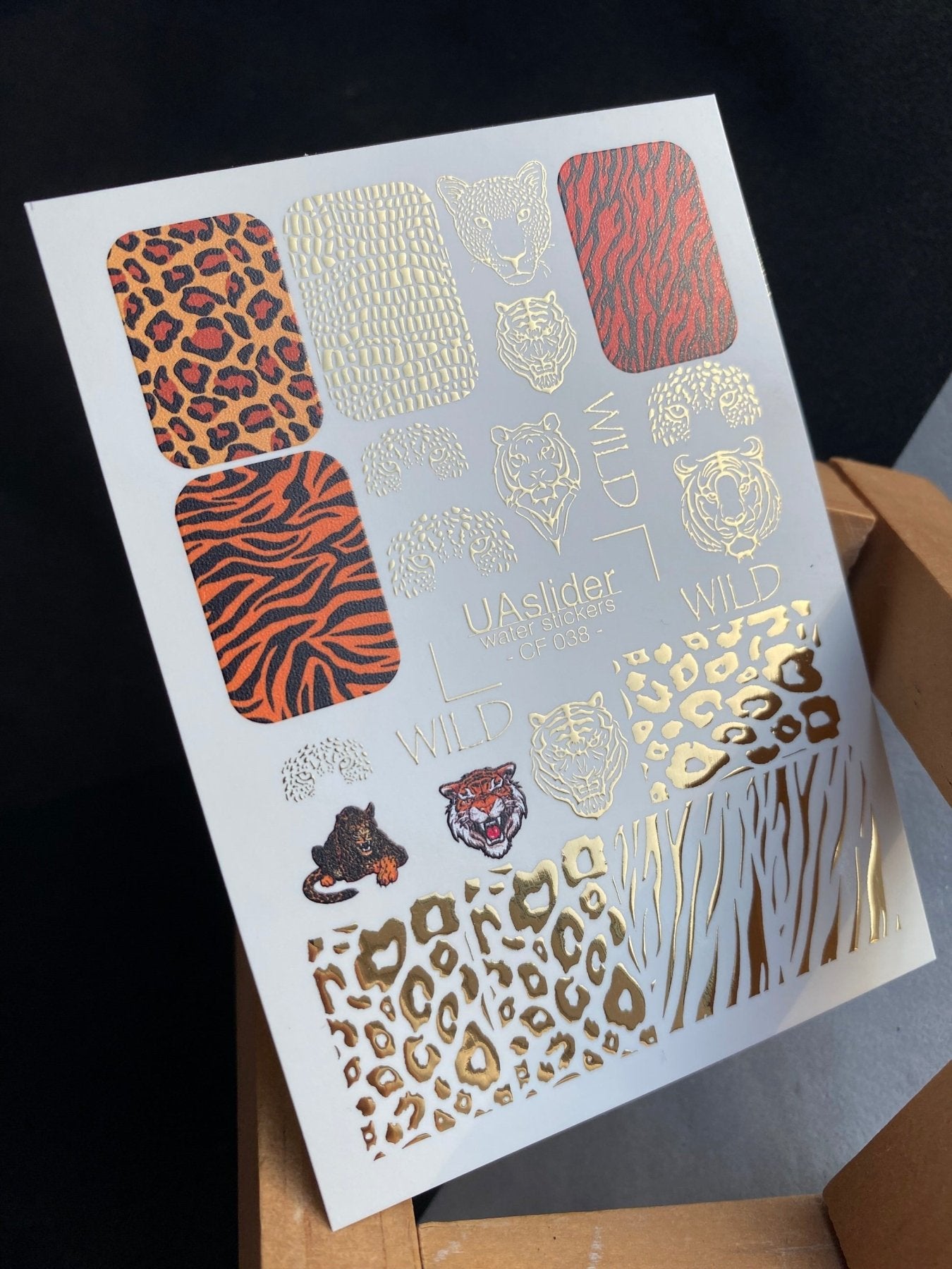 Nail Water Decal CF-038 | Animal Print Water Slide Nail Decals | Leopard, Tiger & Wild Patterns with Gold Foil - UASLIDER