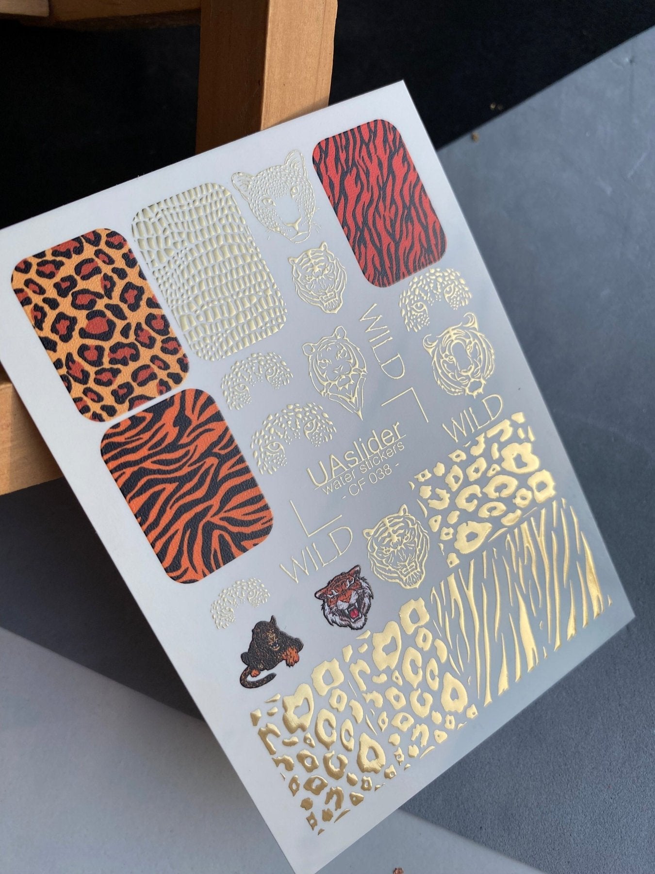 Nail Water Decal CF-038 | Animal Print Water Slide Nail Decals | Leopard, Tiger & Wild Patterns with Gold Foil - UASLIDER