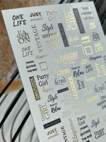 Nail Water Decal CF-046 | Fashion Quote Nail Water Decals | Gold & Black Lettering, Typography - UASLIDER