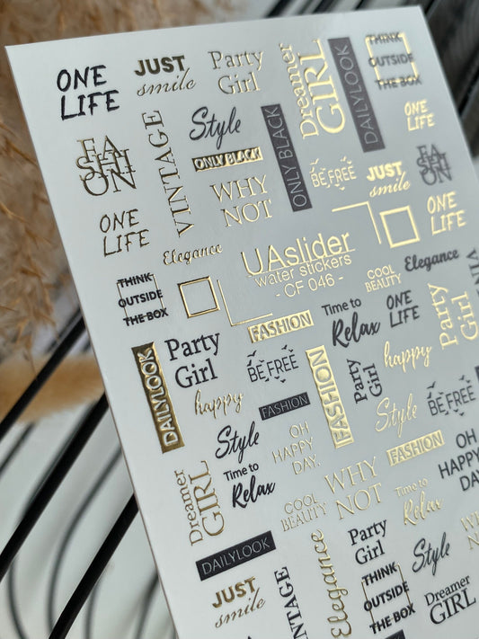 Nail Water Decal CF-046 | Fashion Quote Nail Water Decals | Gold & Black Lettering, Typography