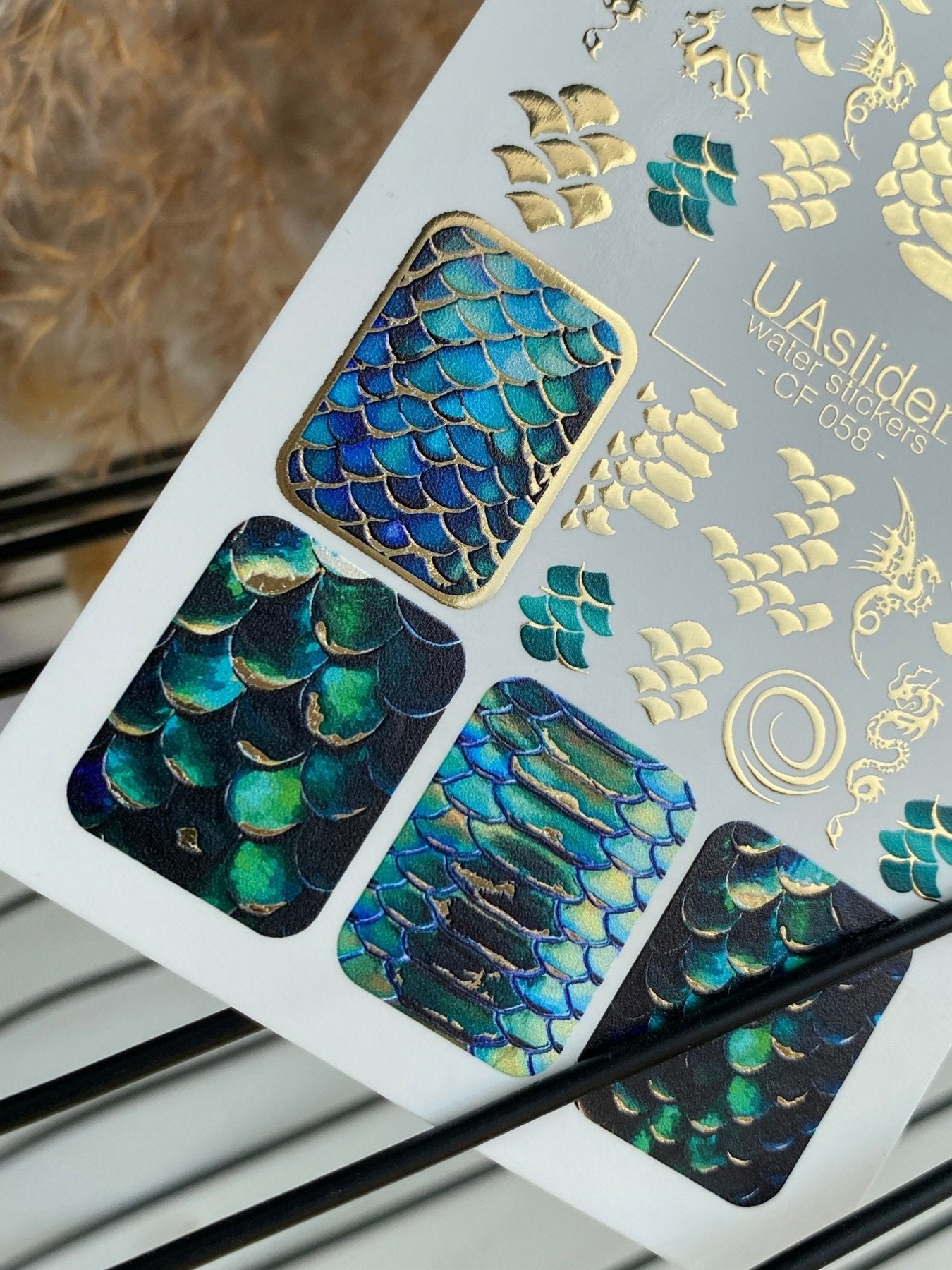 Nail Water Decal CF-058 | Dragon Scale Nail Water Decals | Iridescent Mermaid Effect with Gold Foil - UASLIDER