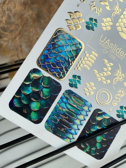 Nail Water Decal CF-058 | Dragon Scale Nail Water Decals | Iridescent Mermaid Effect with Gold Foil
