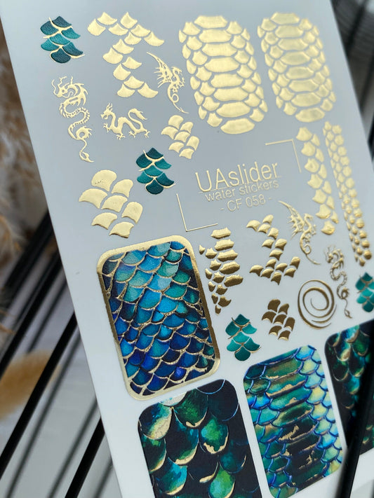 Nail Water Decal CF-058 | Dragon Scale Nail Water Decals | Iridescent Mermaid Effect with Gold Foil
