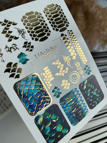 Nail Water Decal CF-058 | Dragon Scale Nail Water Decals | Iridescent Mermaid Effect with Gold Foil