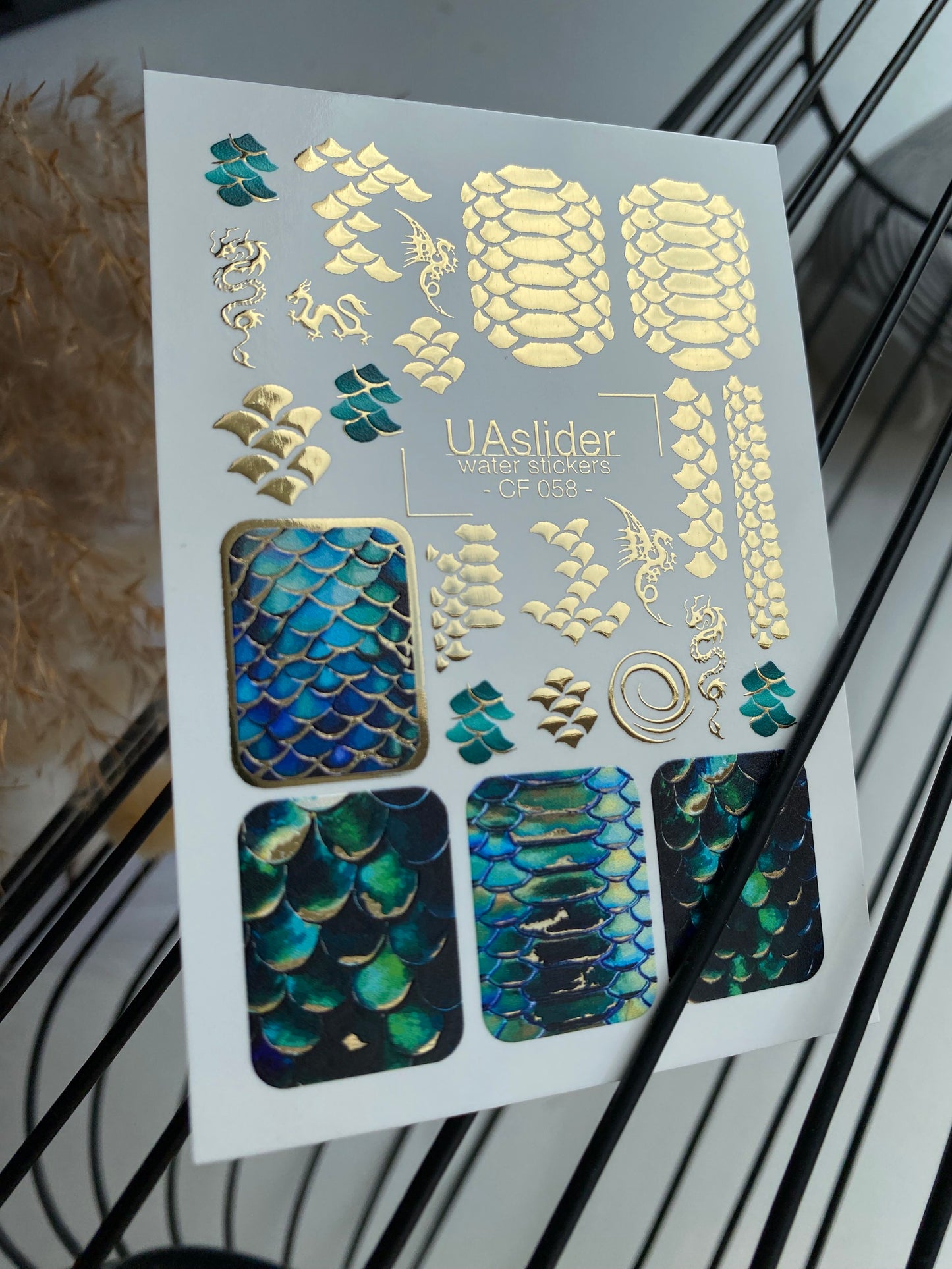 Nail Water Decal CF-058 | Dragon Scale Nail Water Decals | Iridescent Mermaid Effect with Gold Foil