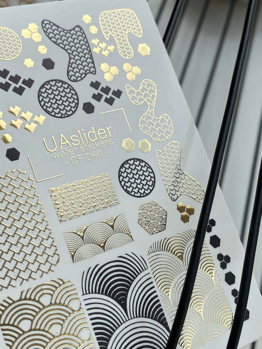 Nail Water Decal CF-060 | Geometric Nail Water Decals | Japanese Waves and Gold Foil Patterns