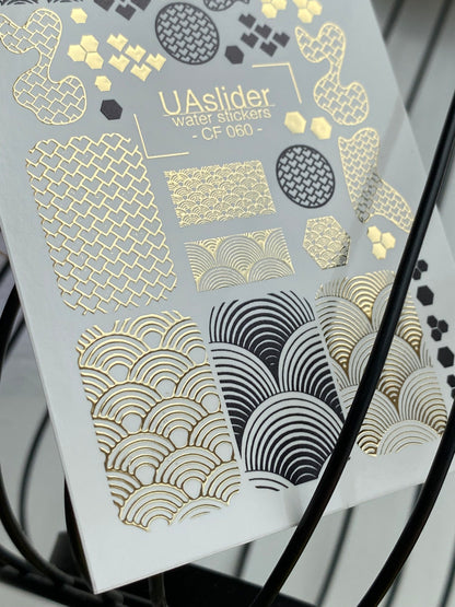 Naklejka wodna na paznokcie CF-060 | Geometryczne naklejki wodne na paznokcie | Japońskie fale i wzory z złotą folią