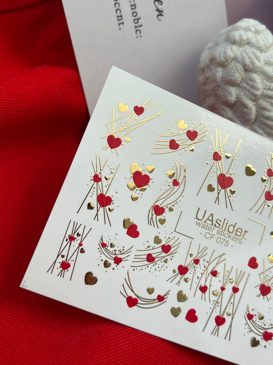 Nail Water Decal CF-075 | Valentine’s Day Nail Art Water Decals | Red and Gold Hearts with Elegant Lines