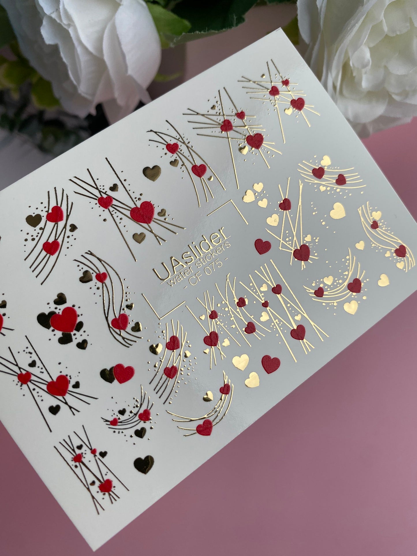 Nail Water Decal CF-075 | Valentine’s Day Nail Art Water Decals | Red and Gold Hearts with Elegant Lines