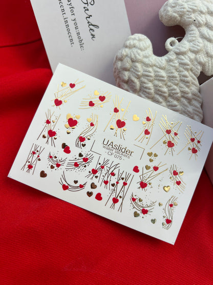 Nail Water Decal CF-075 | Valentine’s Day Nail Art Water Decals | Red and Gold Hearts with Elegant Lines