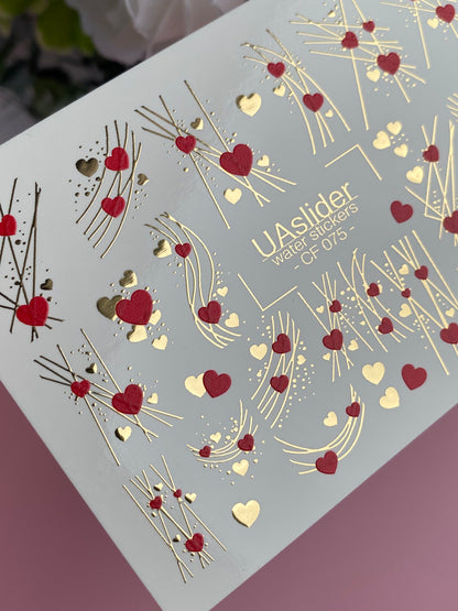 Nail Water Decal CF-075 | Valentine’s Day Nail Art Water Decals | Red and Gold Hearts with Elegant Lines