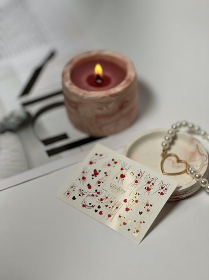 Nail Water Decal CF-075 | Valentine’s Day Nail Art Water Decals | Red and Gold Hearts with Elegant Lines