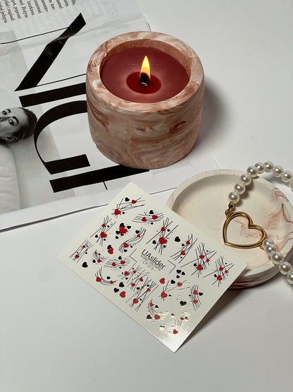 Nail Water Decal CF-075 | Valentine’s Day Nail Art Water Decals | Red and Gold Hearts with Elegant Lines