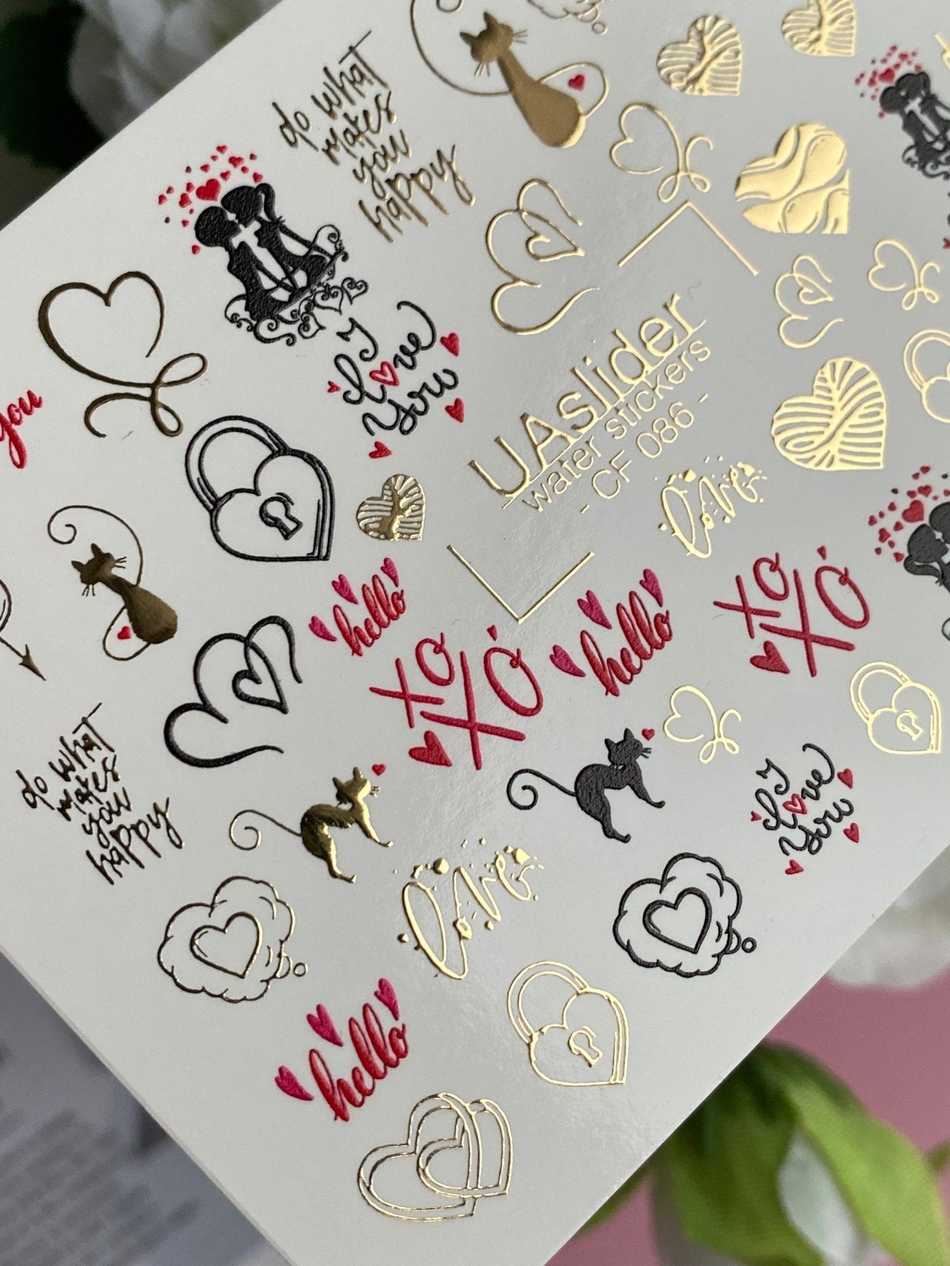 Nail Water Decal CF-086 | Romantic Cats & Love Symbols Water Slide Nail Decals | Hearts, Locks & Quotes - UASLIDER