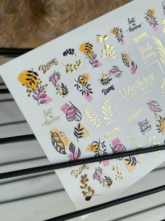 Nail Water Decal CF-089 | Dreamy Botanical Water Slide Nail Decals | Abstract Leaves & Gold Accents