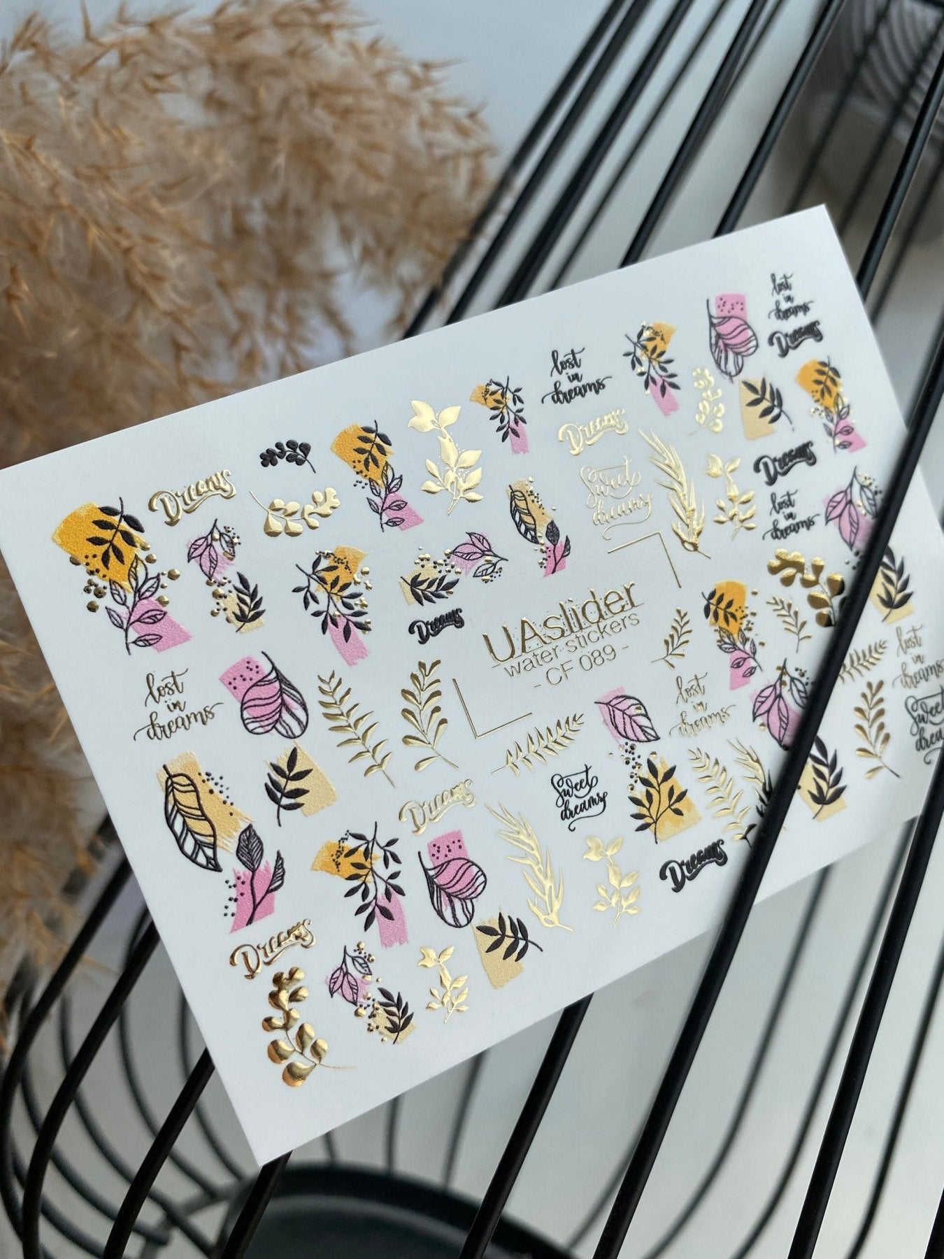 Nail Water Decal CF-089 | Dreamy Botanical Water Slide Nail Decals | Abstract Leaves & Gold Accents - UASLIDER