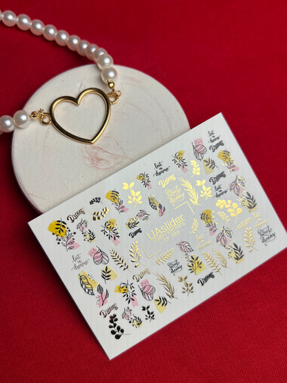 Nail Water Decal CF-089 | Dreamy Botanical Water Slide Nail Decals | Abstract Leaves & Gold Accents