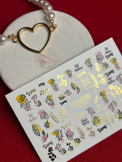 Nail Water Decal CF-089 | Dreamy Botanical Water Slide Nail Decals | Abstract Leaves & Gold Accents