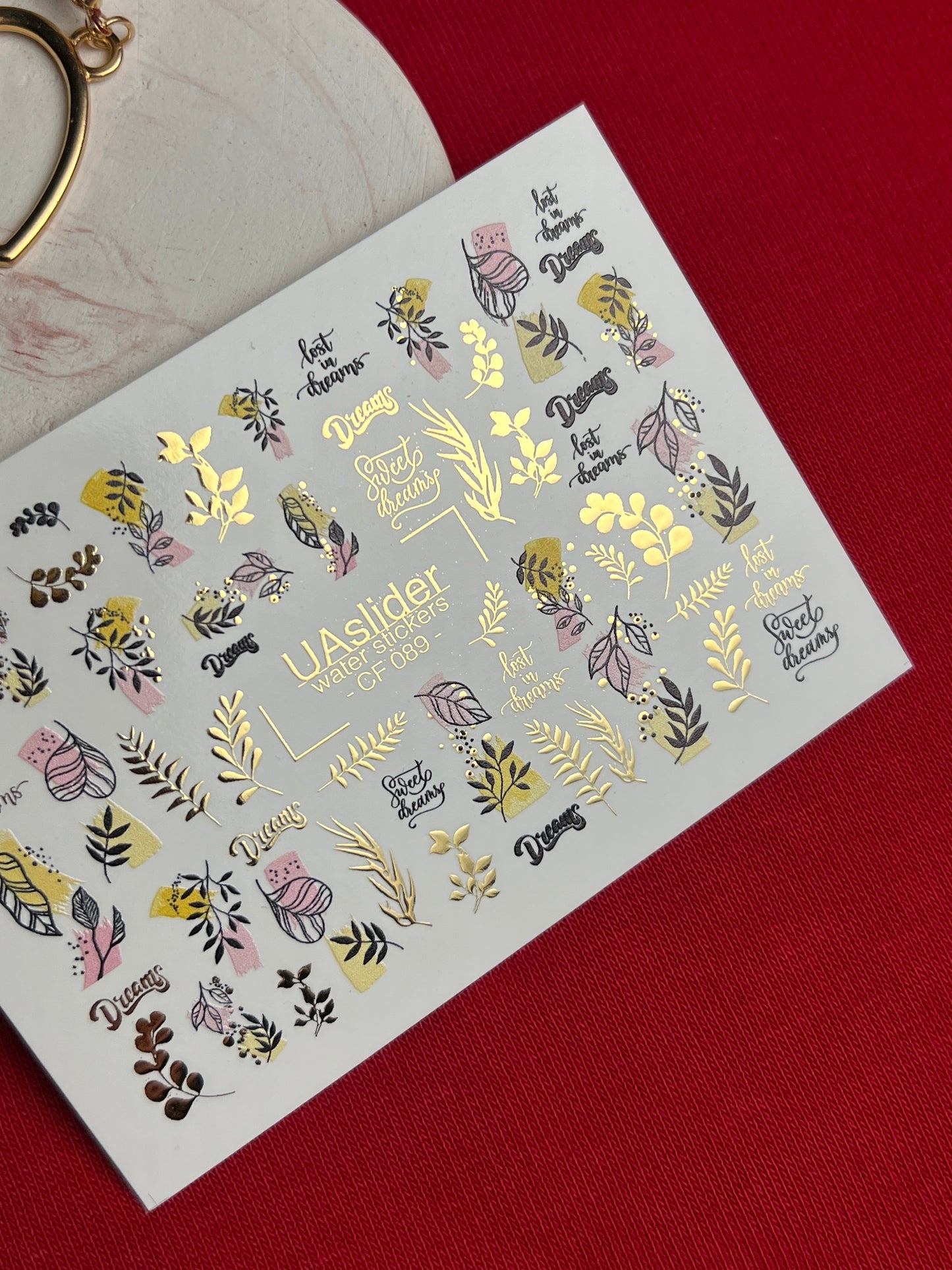 Nail Water Decal CF-089 | Dreamy Botanical Water Slide Nail Decals | Abstract Leaves & Gold Accents