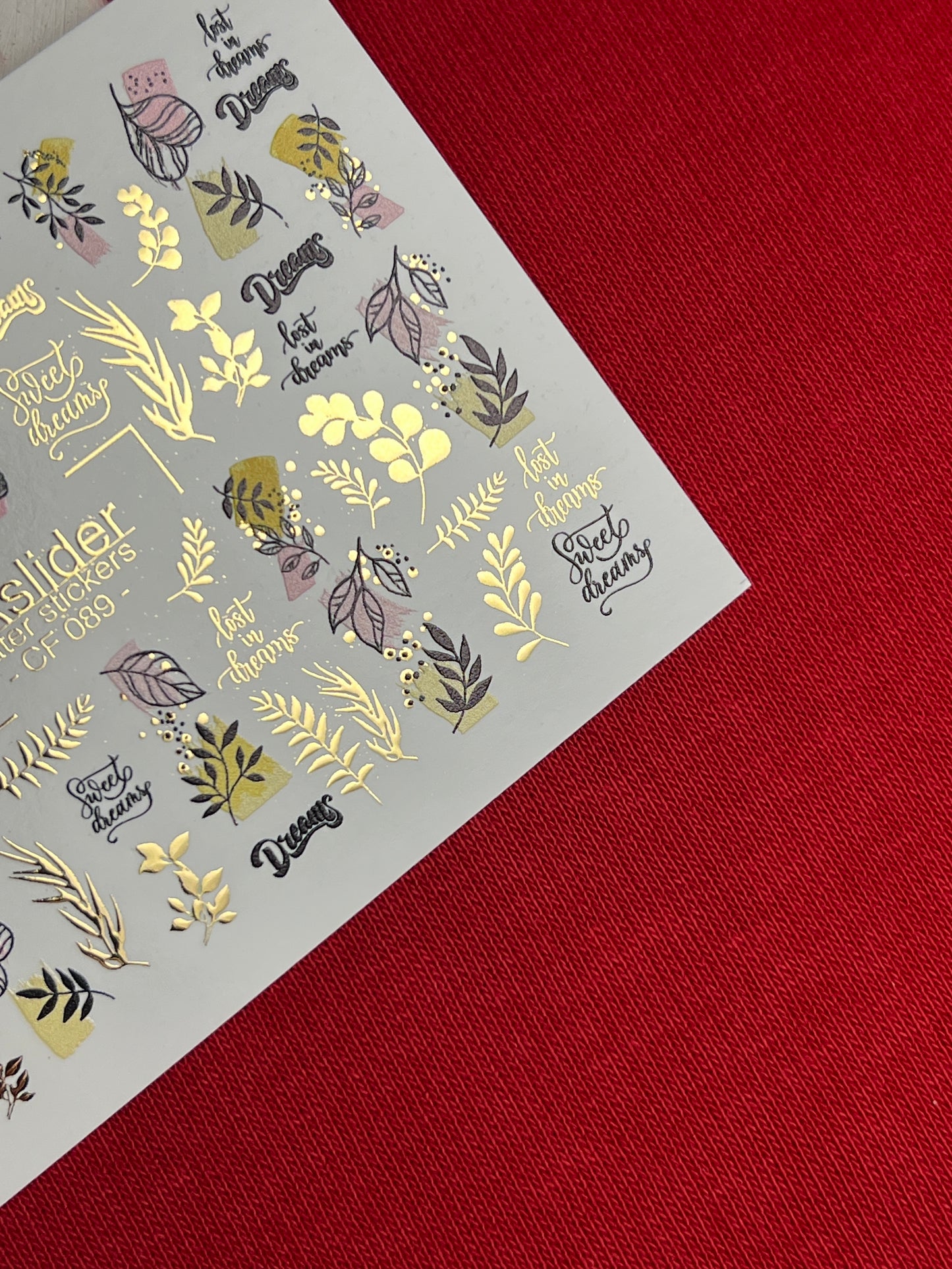 Nail Water Decal CF-089 | Dreamy Botanical Water Slide Nail Decals | Abstract Leaves & Gold Accents