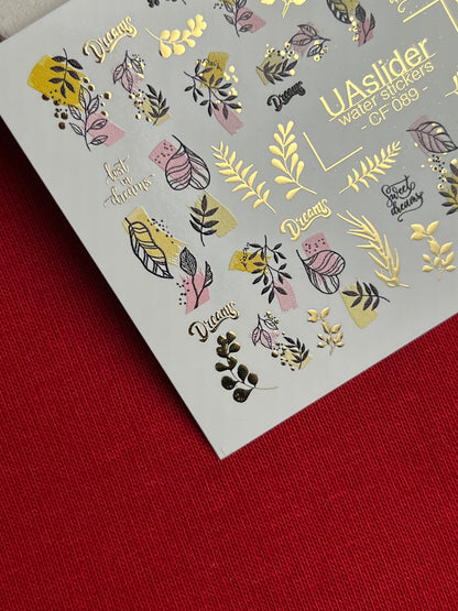 Nail Water Decal CF-089 | Dreamy Botanical Water Slide Nail Decals | Abstract Leaves & Gold Accents