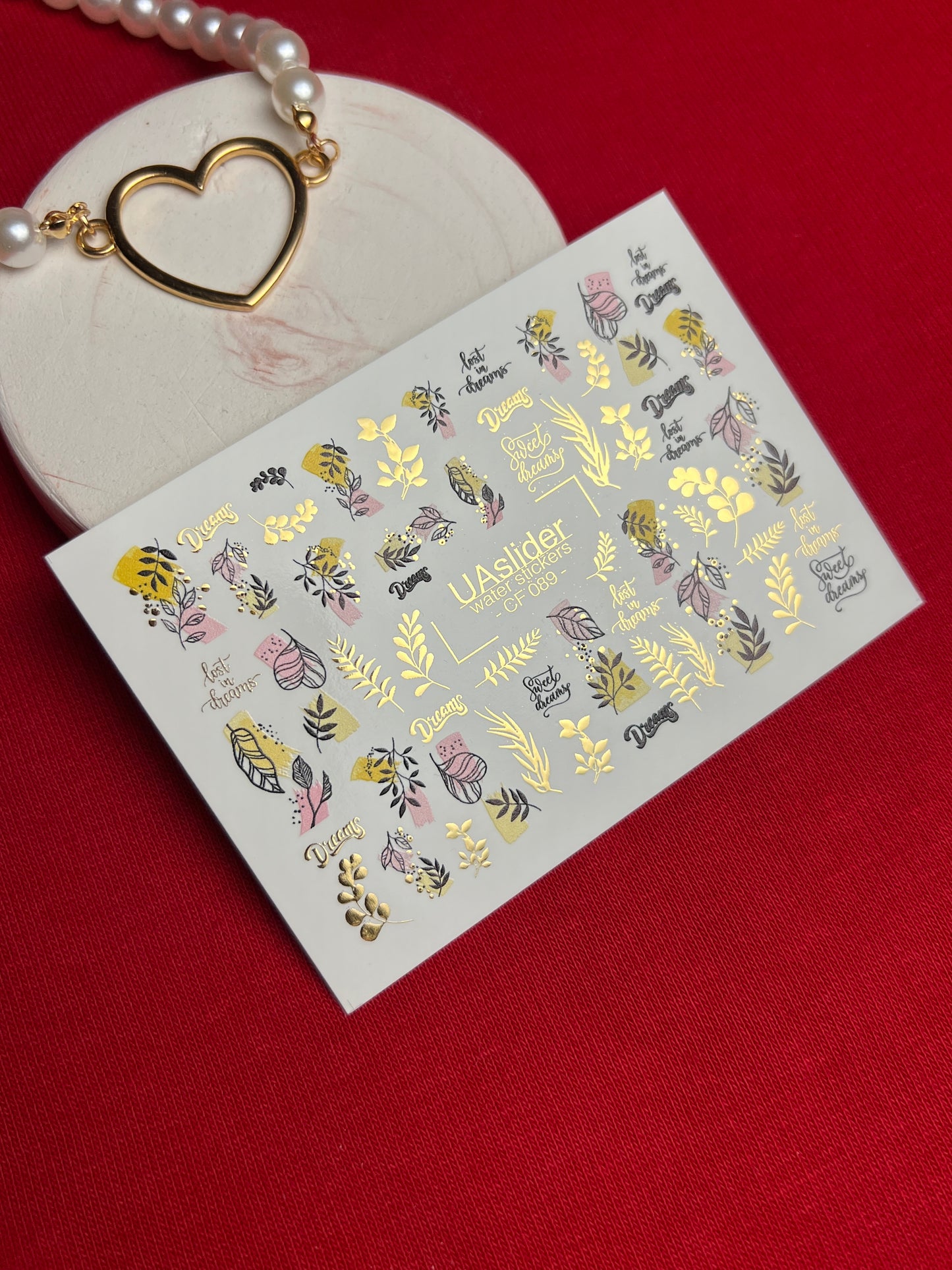 Nail Water Decal CF-089 | Dreamy Botanical Water Slide Nail Decals | Abstract Leaves & Gold Accents