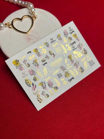 Nail Water Decal CF-089 | Dreamy Botanical Water Slide Nail Decals | Abstract Leaves & Gold Accents