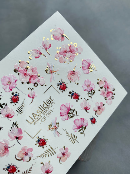 Nail Water Decal CF-091 | Pink Blossom & Ladybug Water Slide Nail Decals | Floral Spring Nail Art