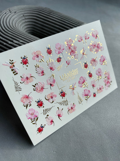 Nail Water Decal CF-091 | Pink Blossom & Ladybug Water Slide Nail Decals | Floral Spring Nail Art