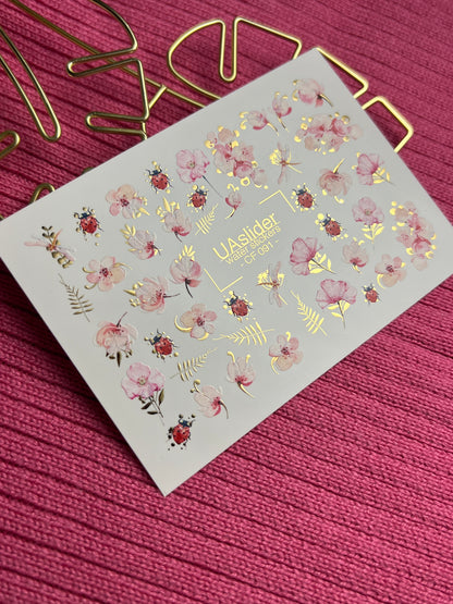 Nail Water Decal CF-091 | Pink Blossom & Ladybug Water Slide Nail Decals | Floral Spring Nail Art