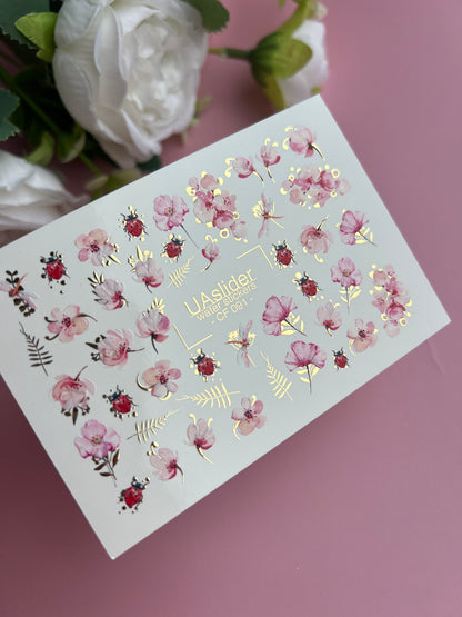 Nail Water Decal CF-091 | Pink Blossom & Ladybug Water Slide Nail Decals | Floral Spring Nail Art