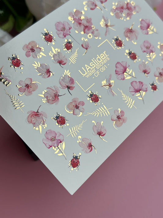 Nail Water Decal CF-091 | Pink Blossom & Ladybug Water Slide Nail Decals | Floral Spring Nail Art