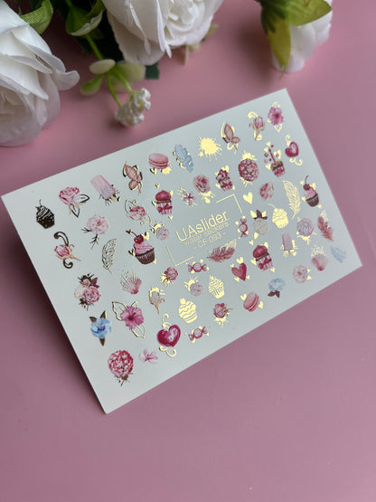 Nagu ūdens uzlīme CF-093 | Saldās ūdens slīdēšanas nagu uzlīmes | Mafini, ziedi un sirdis