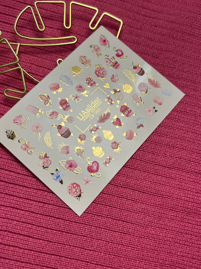 Nagu ūdens uzlīme CF-093 | Saldās ūdens slīdēšanas nagu uzlīmes | Mafini, ziedi un sirdis