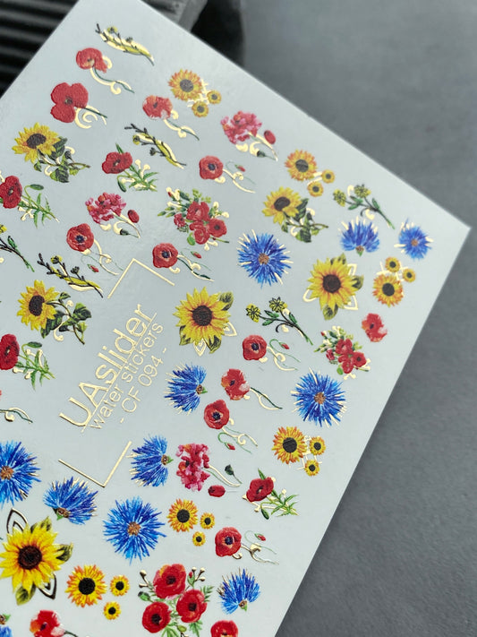 Nail Water Decal CF-094 | Floral Water Slide Nail Decals | Sunflowers, Poppies & Cornflowers