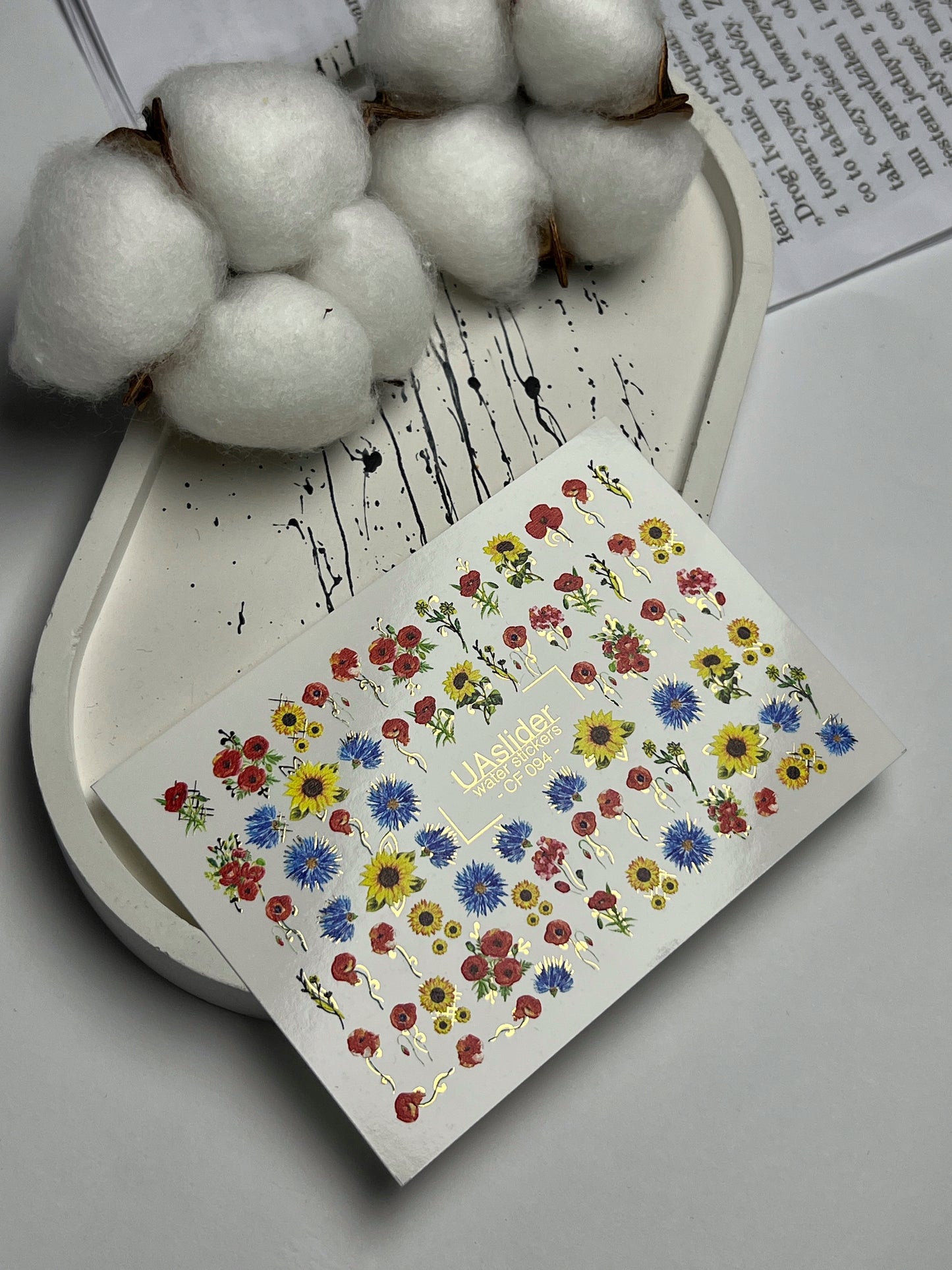 Nagu ūdens uzlīme CF-094 | Ziedu ūdens slīdējs nagu uzlīmes | Saulespuķes, magones un rudzupuķes