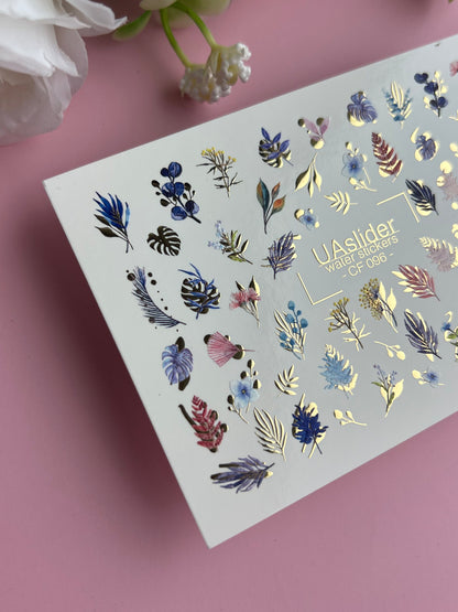 Nail Water Decal CF-096 | Botanical Water Slide Nail Decals | Leaves, Branches & Delicate Flowers
