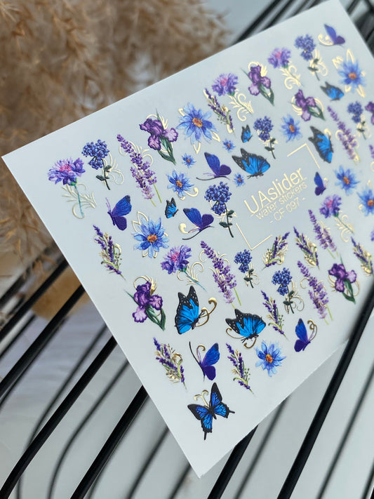 Nail Water Decal CF-097 | Floral Water Slide Nail Decals | Lavender, Blue Flowers & Butterflies