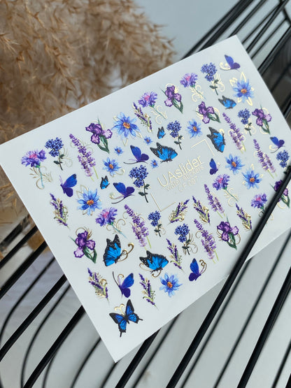 Nagu ūdens uzlīme CF-097 | Ziedu ūdens slīdēšanas nagu uzlīmes | Lavanda, zili ziedi un tauriņi