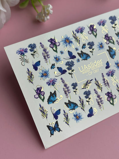 Nagu ūdens uzlīme CF-097 | Ziedu ūdens slīdēšanas nagu uzlīmes | Lavanda, zili ziedi un tauriņi