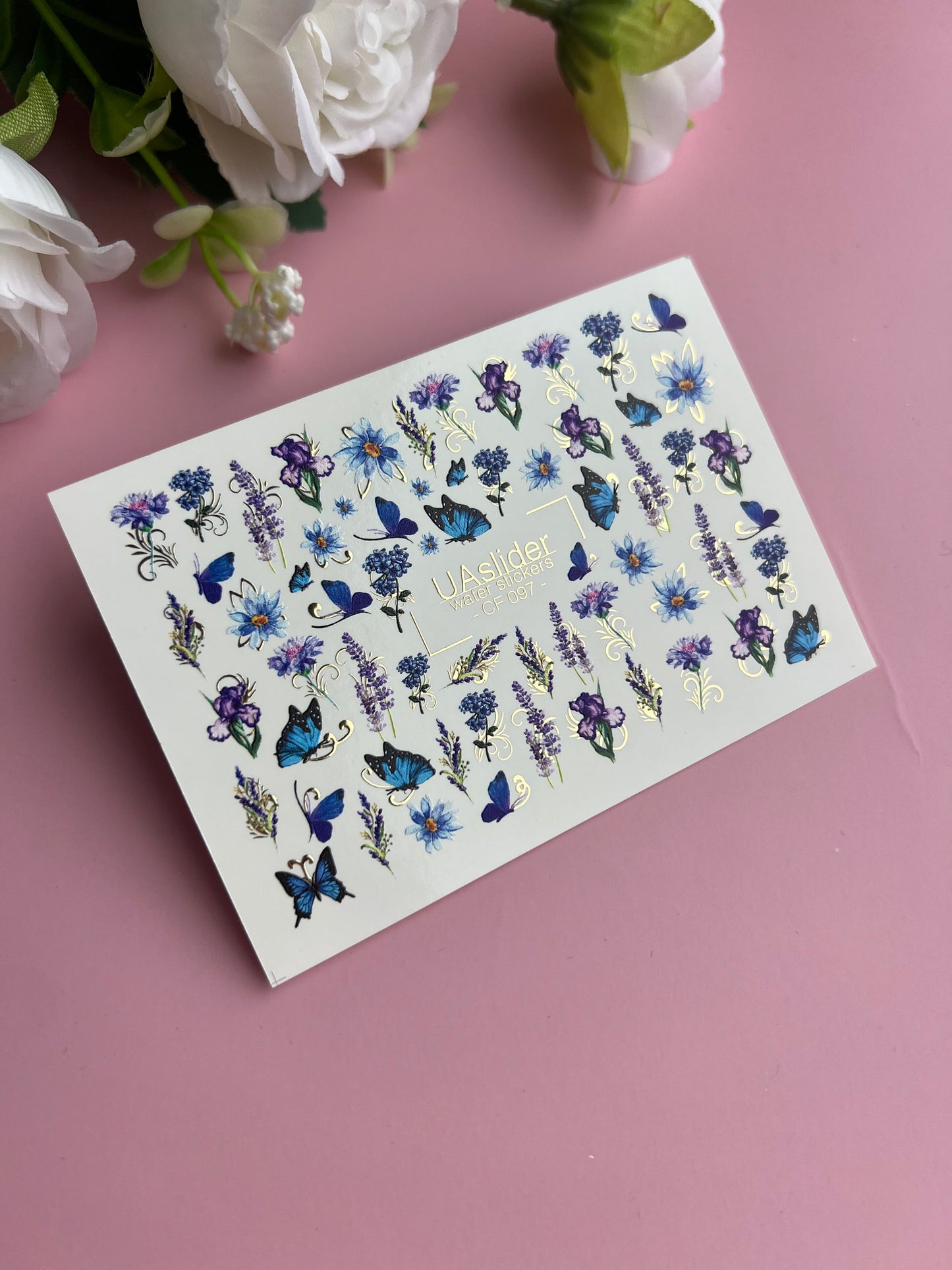 Nagu ūdens uzlīme CF-097 | Ziedu ūdens slīdēšanas nagu uzlīmes | Lavanda, zili ziedi un tauriņi
