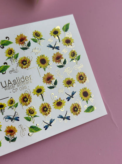 Décalcomanie d'eau pour ongles CF-098 | Décalcomanies d'eau florales pour ongles | Tournesols et libellules bleues