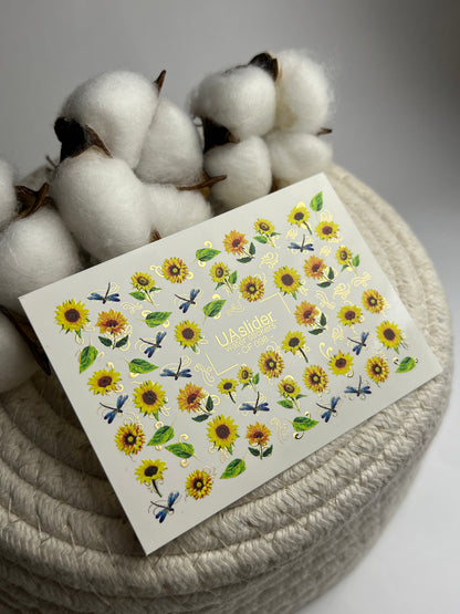 Décalcomanie d'eau pour ongles CF-098 | Décalcomanies d'eau florales pour ongles | Tournesols et libellules bleues