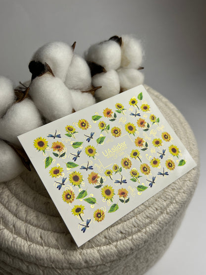 Décalcomanie d'eau pour ongles CF-098 | Décalcomanies d'eau florales pour ongles | Tournesols et libellules bleues