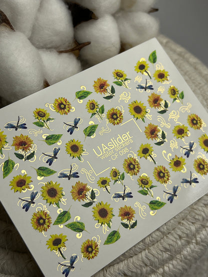 Décalcomanie d'eau pour ongles CF-098 | Décalcomanies d'eau florales pour ongles | Tournesols et libellules bleues