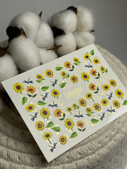 Décalcomanie d'eau pour ongles CF-098 | Décalcomanies d'eau florales pour ongles | Tournesols et libellules bleues