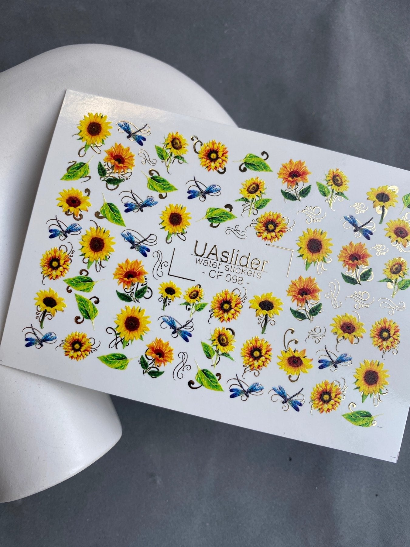 Nail Water Decal CF-098 | Floral Water Slide Nail Decals | Sunflowers & Blue Dragonflies - UASLIDER