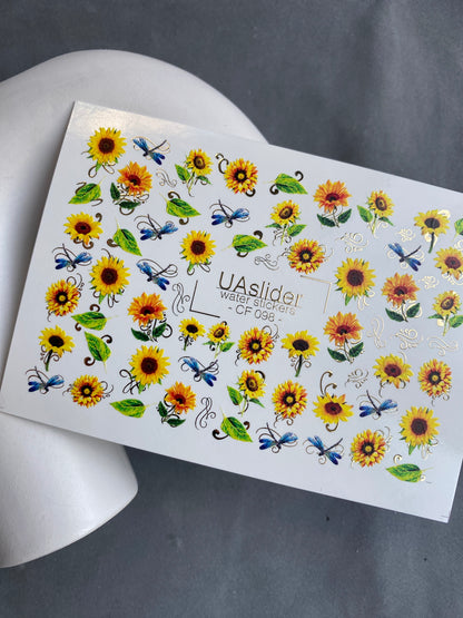 Décalcomanie d'eau pour ongles CF-098 | Décalcomanies d'eau florales pour ongles | Tournesols et libellules bleues