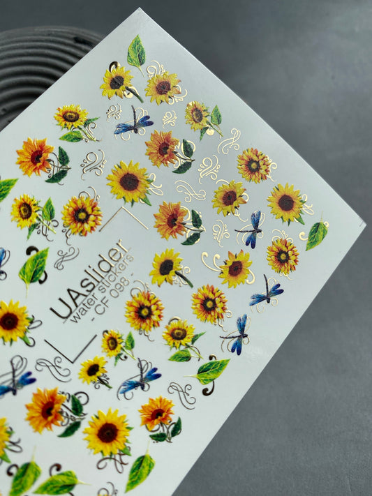 Nail Water Decal CF-098 | Floral Water Slide Nail Decals | Sunflowers & Blue Dragonflies